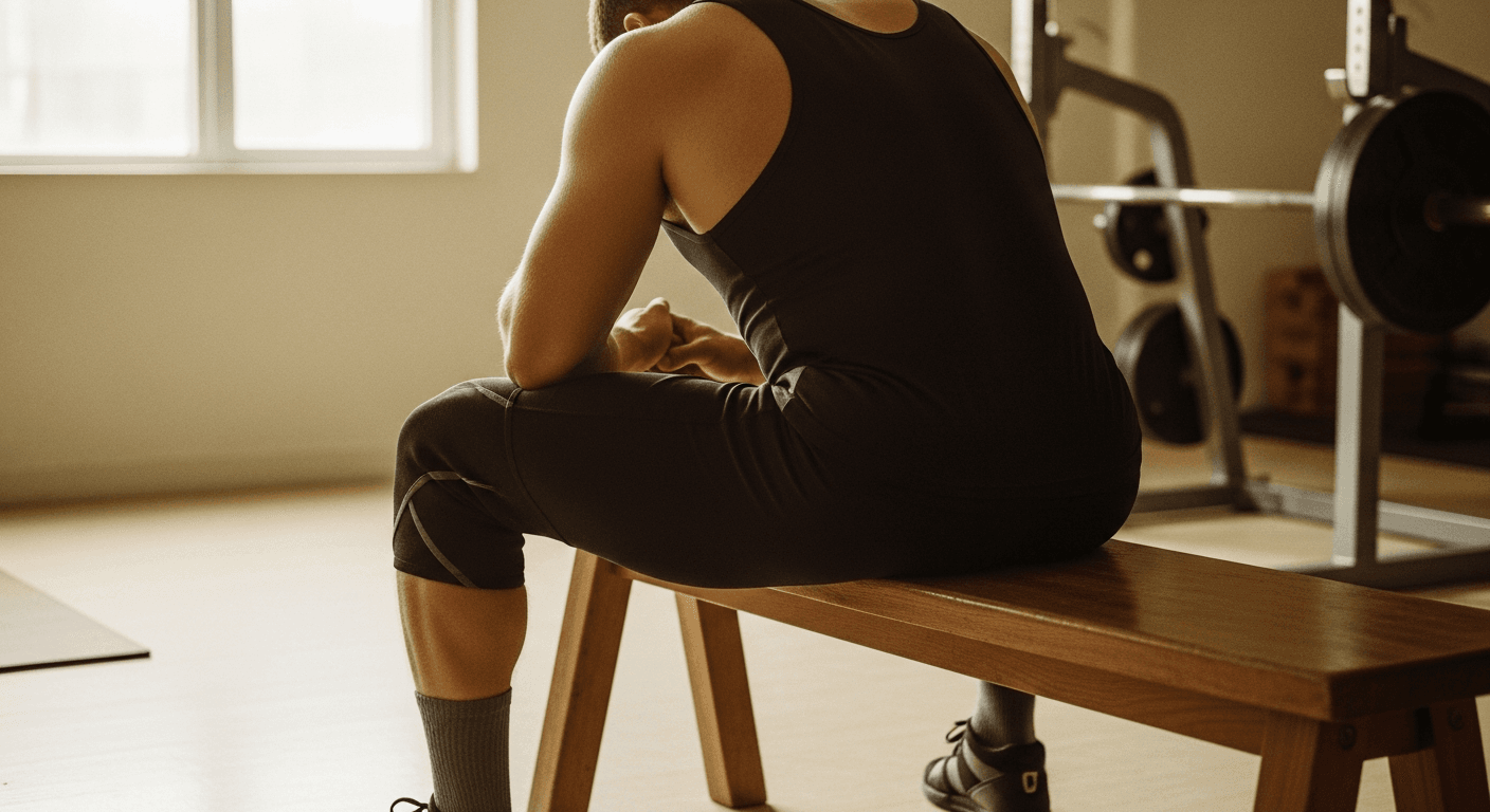A powerlifter rests on a wooden bench between sets, head bowed in recovery with a barbell blurred in the background.