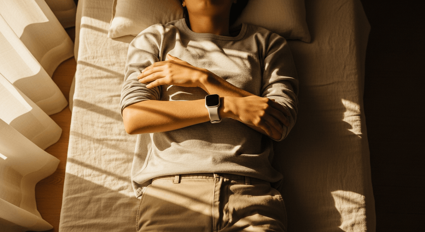 Person lying on their back in intentional rest, wearing a wearable device on their wrist.