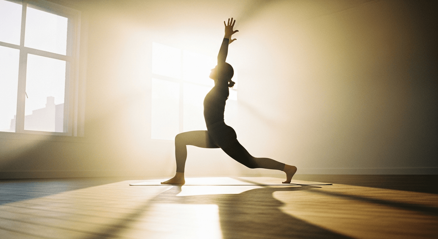 Person in warrior pose with arms overhead, silhouetted against morning light on a wooden yoga studio floor.