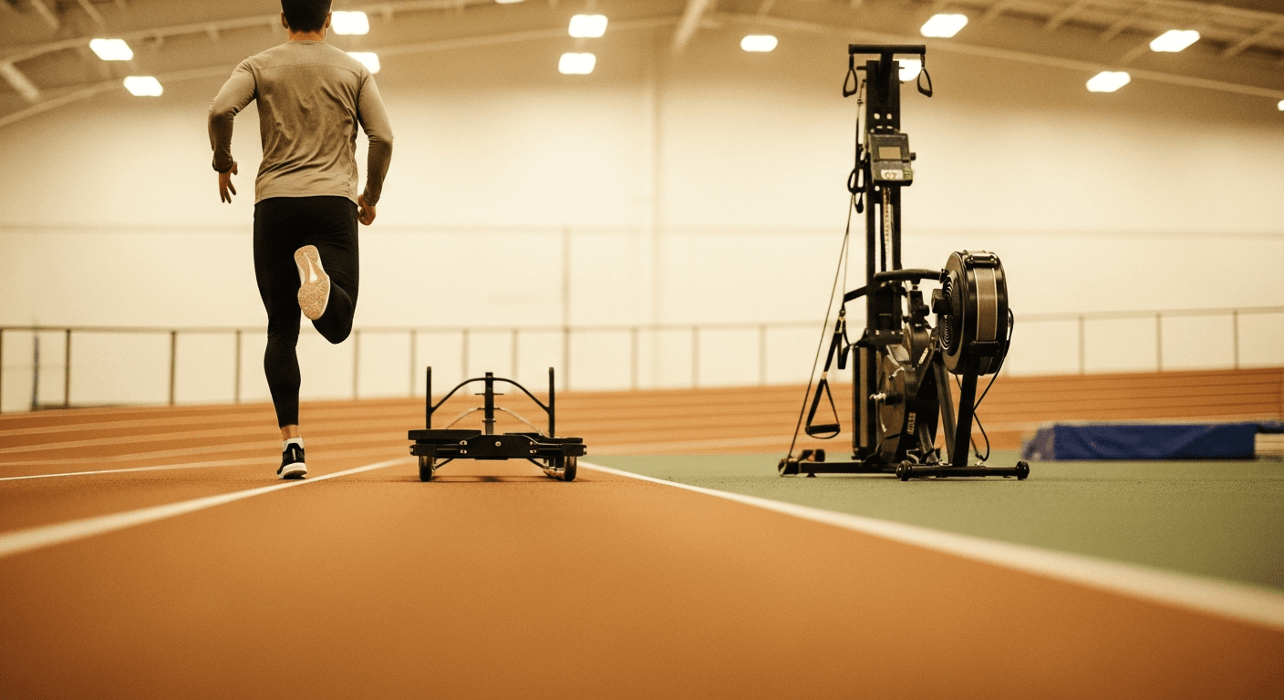 Runner in motion on an indoor track with functional fitness equipment softly blurred in the background.