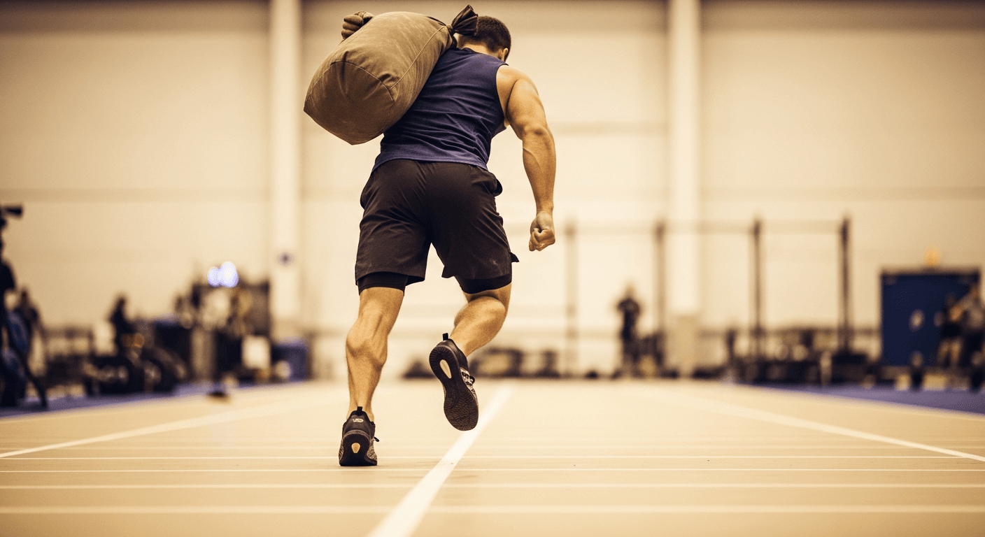Male athlete carrying sandbag over shoulder in powerful stride during indoor competition with warm golden lighting.