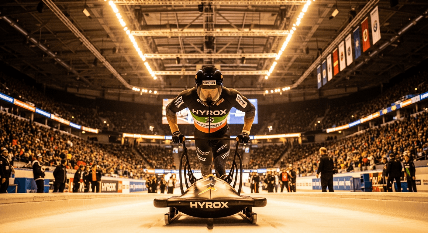 HYROX athlete pushing a competition sled toward the camera in a packed arena during championship competition.