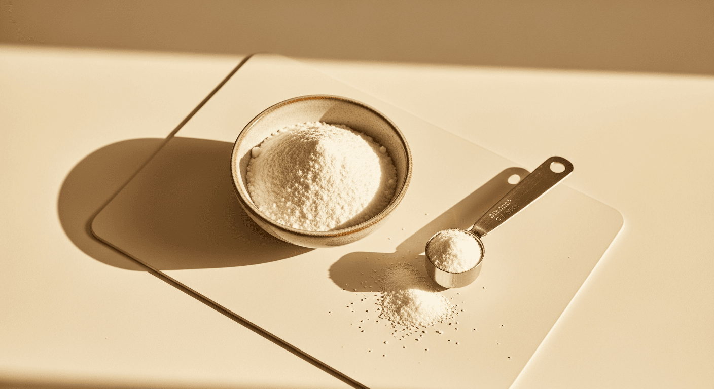 White creatine monohydrate powder in a ceramic bowl with a metal measuring scoop on a warm cream surface.