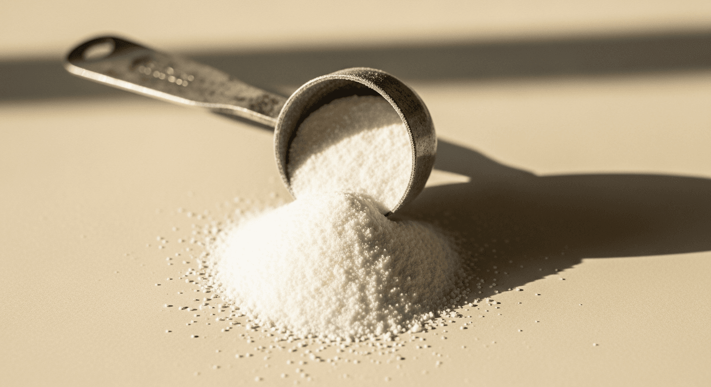 A metal scoop spilling white creatine monohydrate powder onto a warm cream surface.