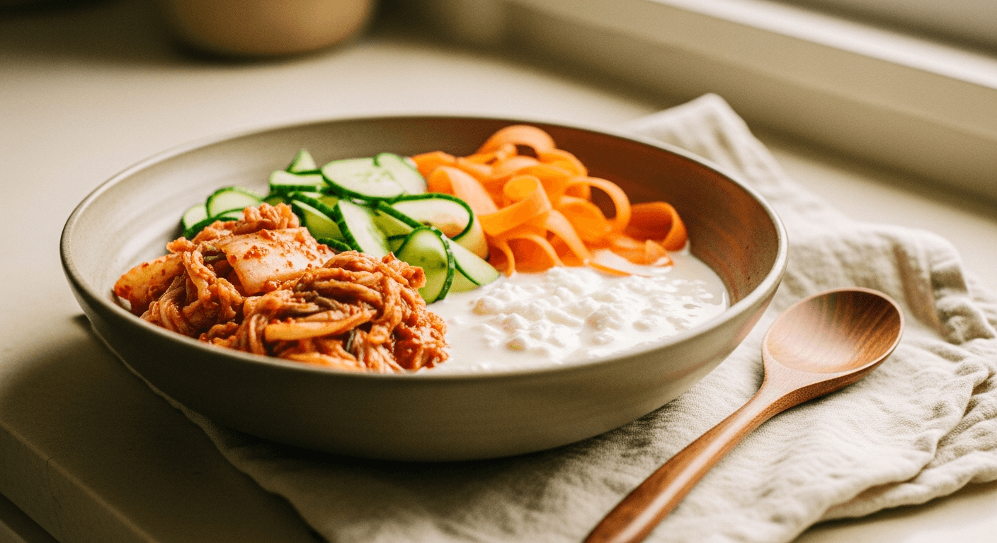 Ceramic bowl filled with vibrant fermented foods and fresh vegetables on warm cream linen cloth.