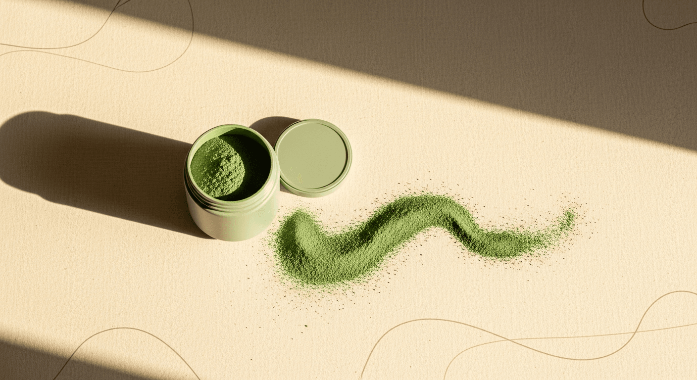 Green powder supplement cascading from an open canister in a warm-toned editorial flat-lay photograph.