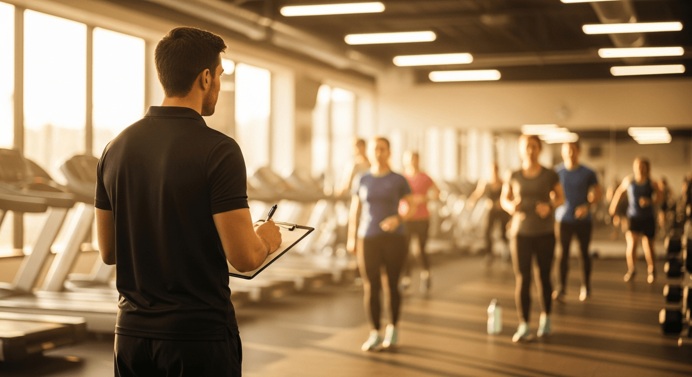 Personal trainer watching clients exercise on a busy gym floor, bathed in warm golden morning light.