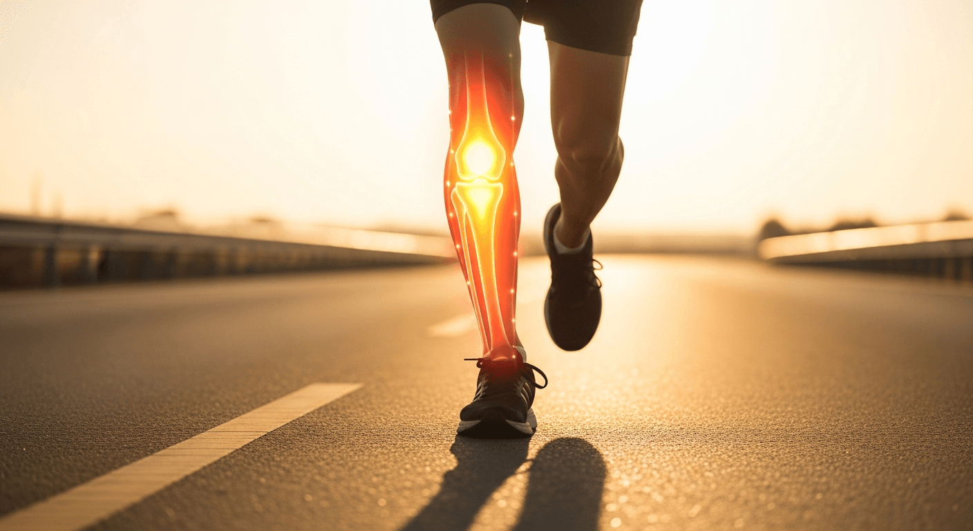 Runner's legs mid-stride with golden biomechanics heat-map overlay showing stress distribution across the knee and shin.
