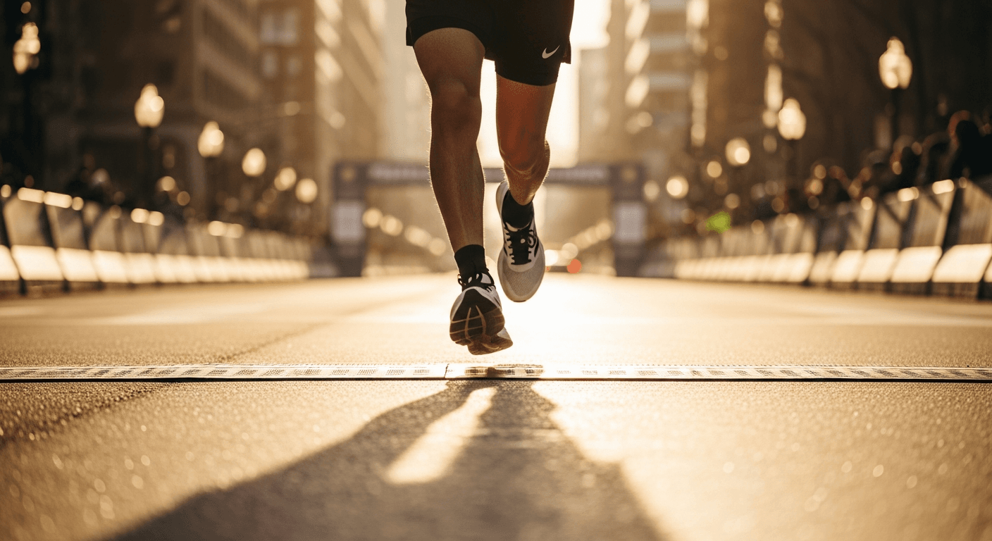 Runner's legs in mid-stride on wet Boylston Street with the Boston Marathon finish line softly visible ahead.