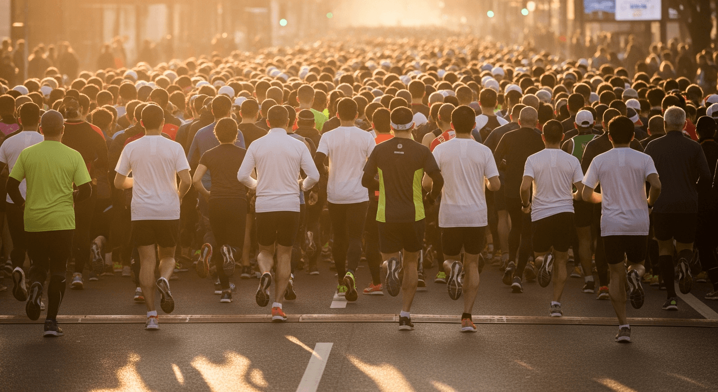 A dense pack of runners seen from behind surges forward together on a wide road in warm golden morning light.