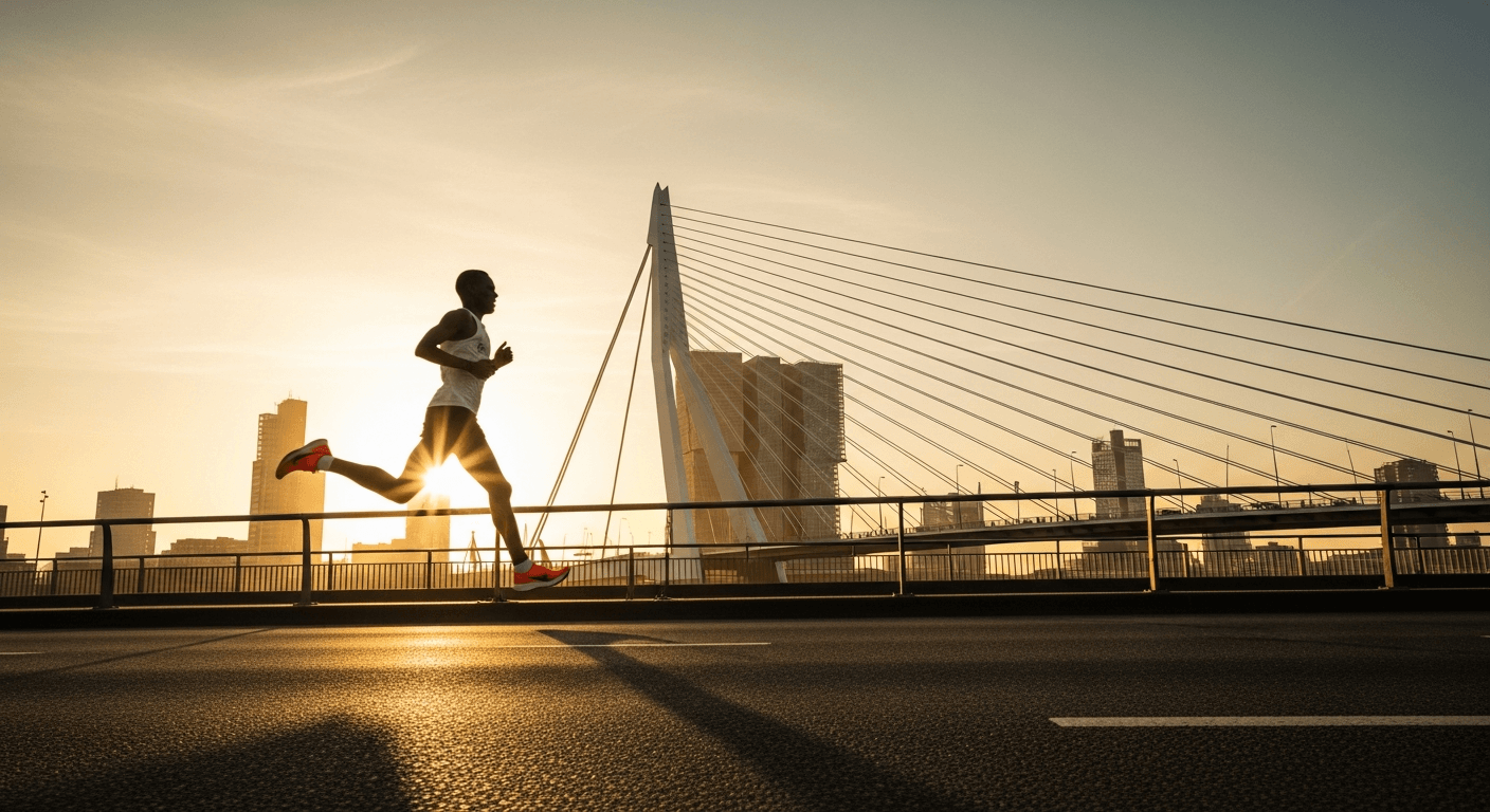 Elite marathon runner in full stride with Rotterdam's Erasmus Bridge glowing in golden-hour light behind.