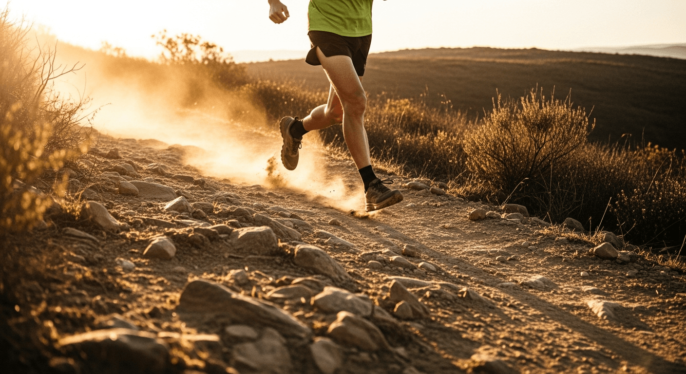 A lone trail runner ascends a rocky switchback trail in golden afternoon light, kicking up dust.