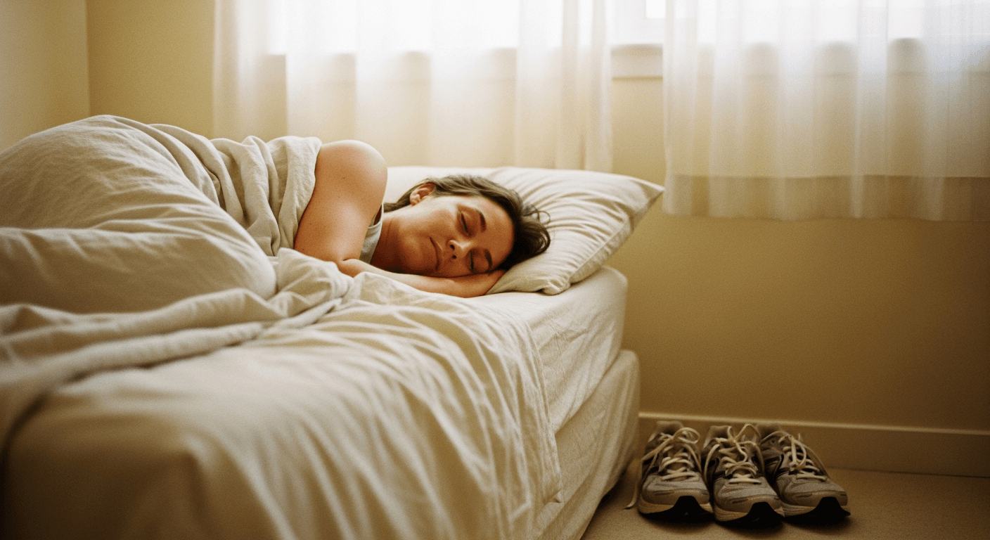A person sleeps peacefully in bed with running shoes on the floor, symbolizing the connection between exercise and rest.