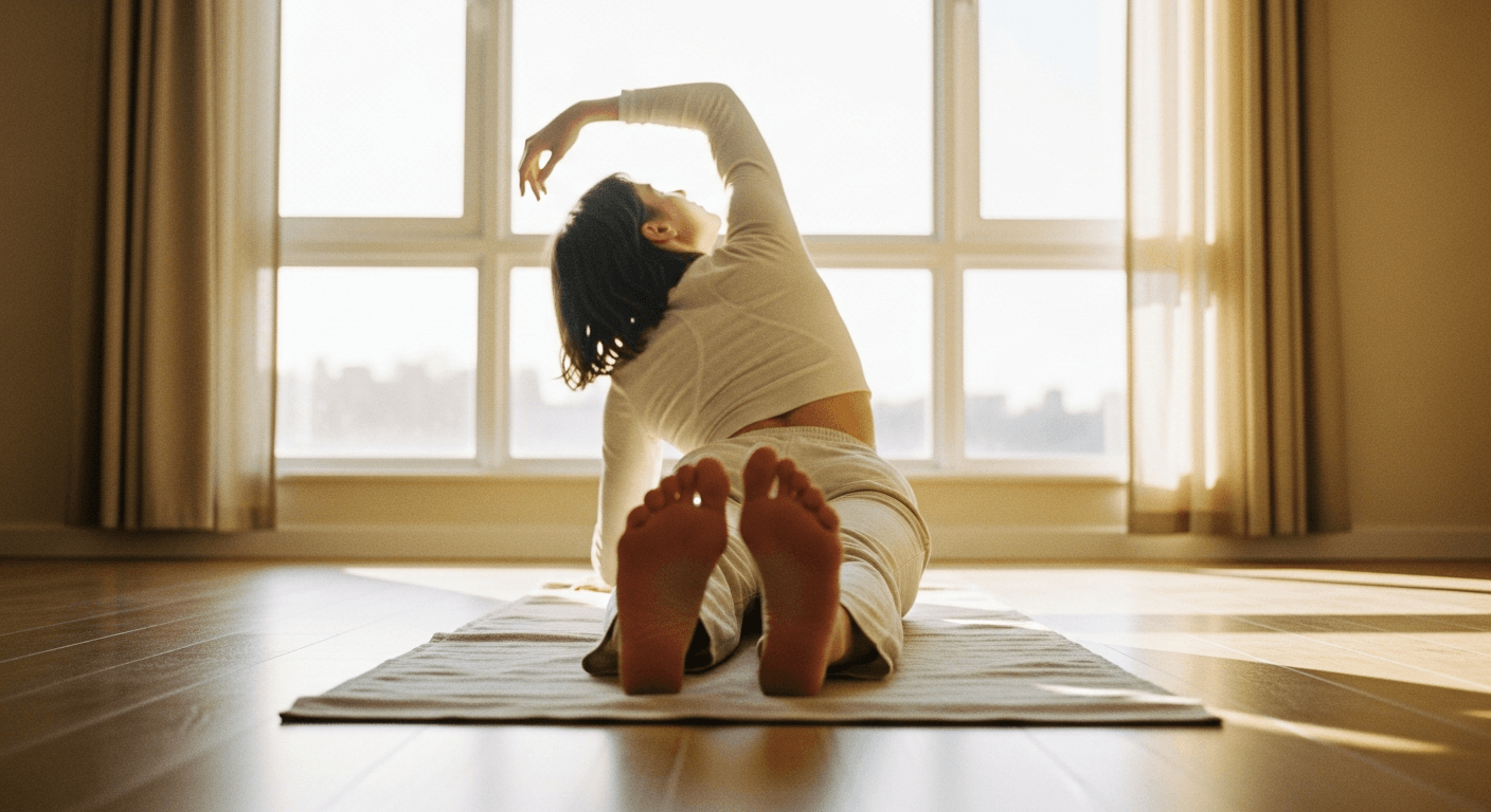 Person lying in passive stretch on yoga mat, bathed in soft natural golden morning light.