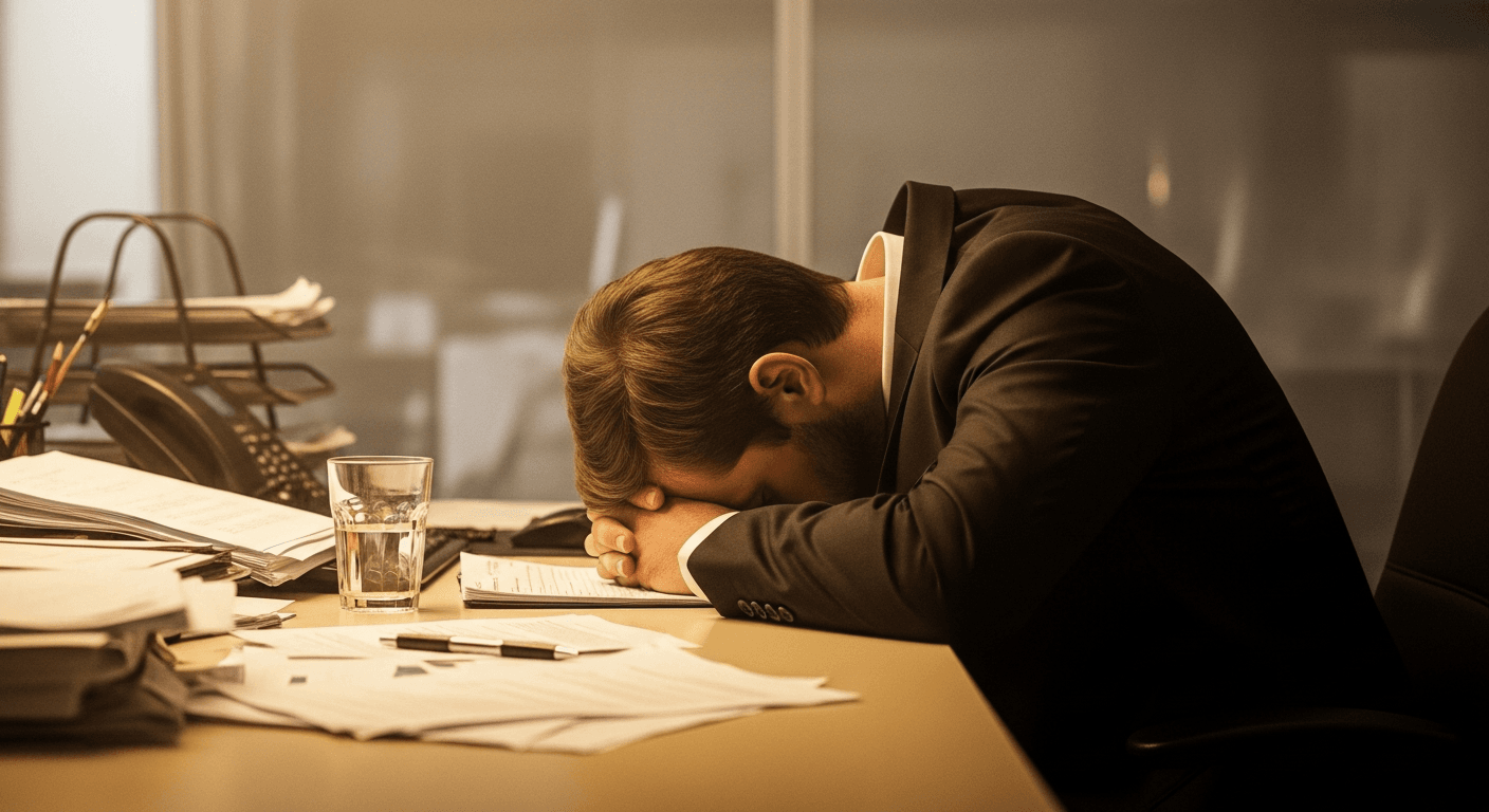 Exhausted office worker slumped at cluttered desk with head in hands, representing workplace burnout.