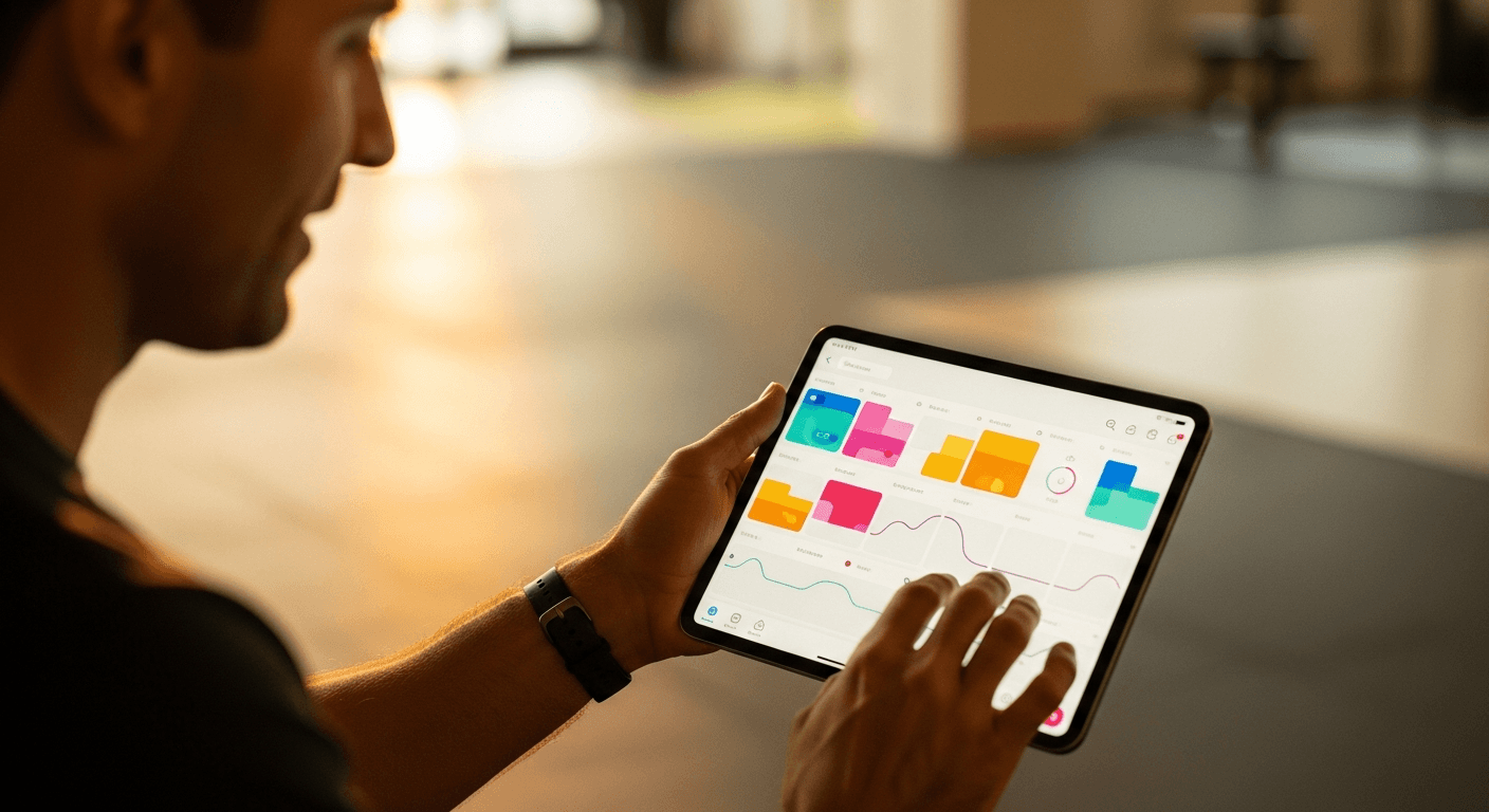 A coach reviews a glowing tablet displaying a personalized workout interface in a gym with warm golden-hour lighting.