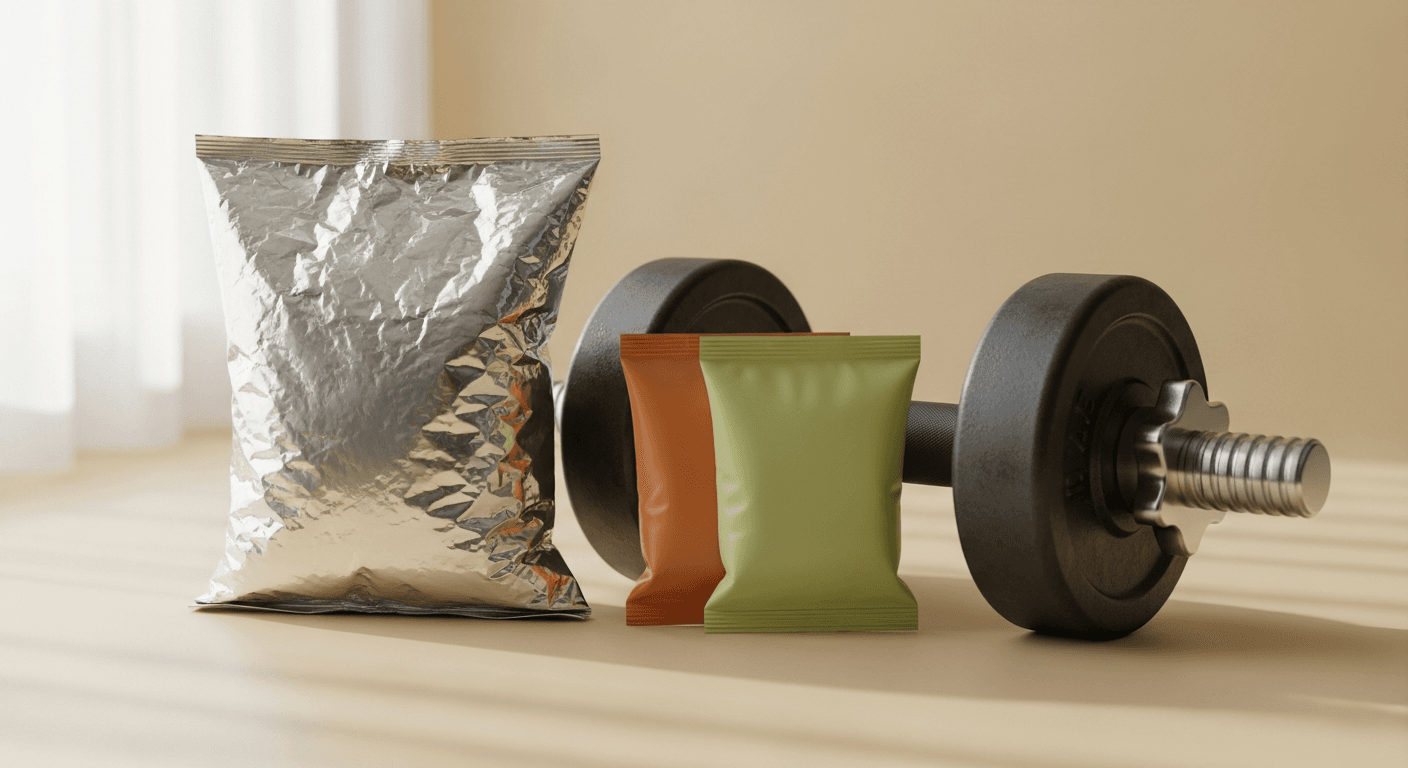 A black dumbbell next to crinkled chip bags and snack pouches on a cream surface, symbolizing the tension between fitness and ultra-processed foods.