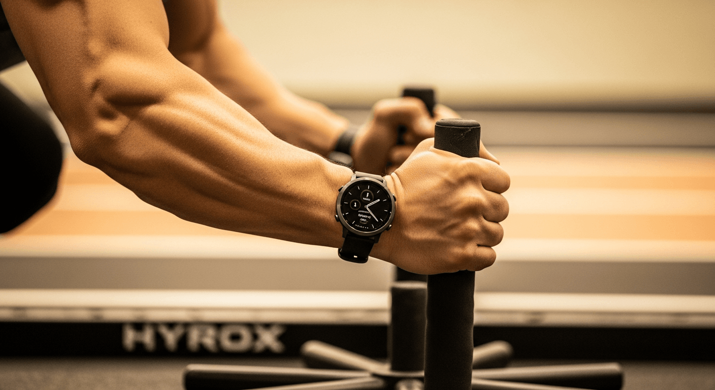Muscular athlete pushing HYROX sled with Amazfit smartwatch visible on wrist in warm golden light.