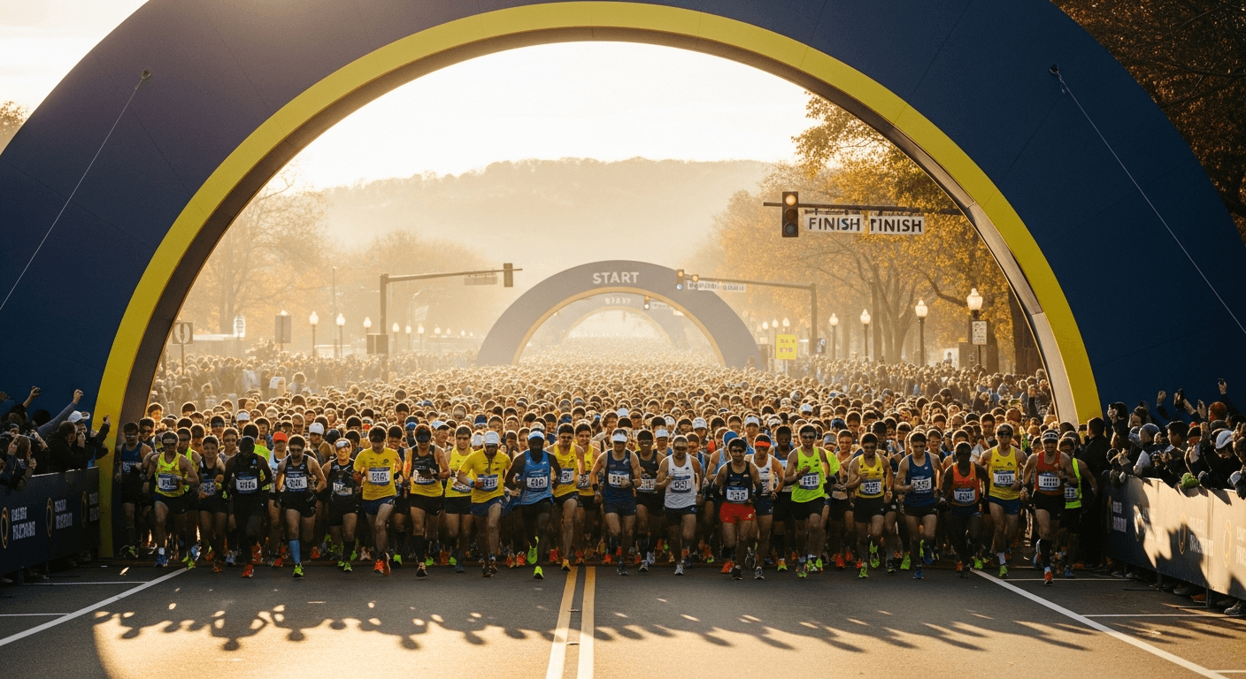 Thousands of runners in yellow and blue flood the starting line at the Boston Marathon in Hopkinton under golden morning light.