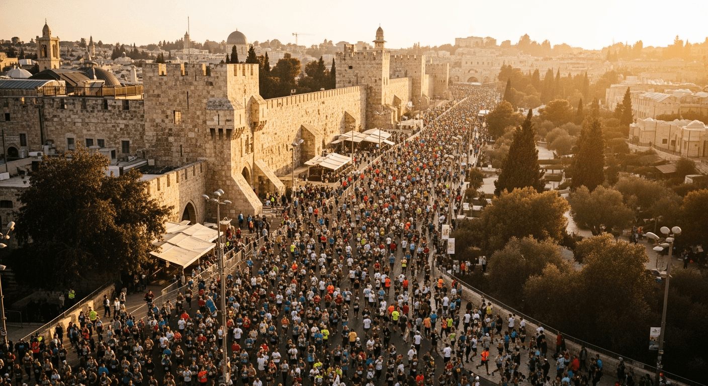 Aerial view of thousands of runners filling a Jerusalem boulevard with the Old City walls glowing in golden morning light.