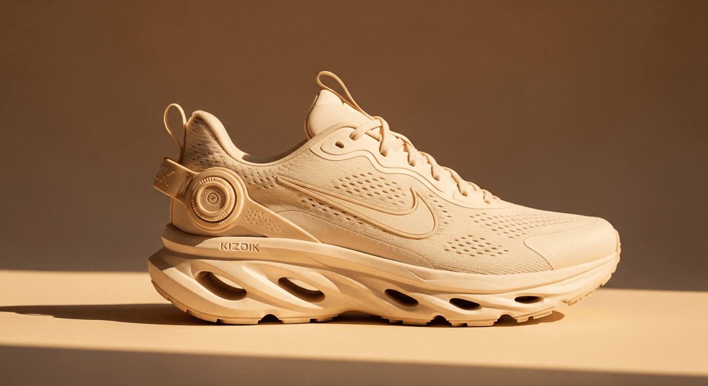 Kizik Freedom Run running shoe in profile, highlighting its hands-free heel mechanism and collapsible back structure.