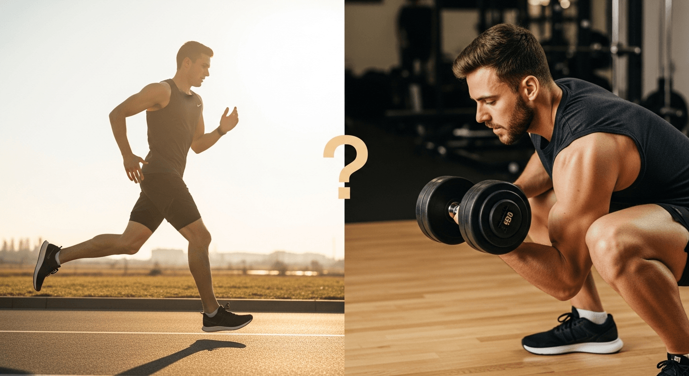A runner and weightlifter face off in golden light, visually comparing cardio versus strength training for blood sugar control.