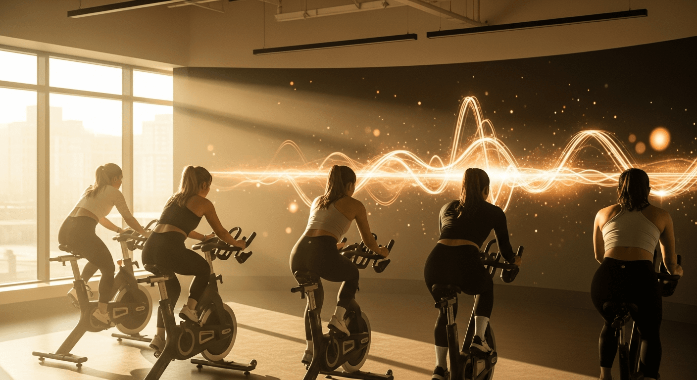 Five cyclists pedal in unison in a sunlit studio with a curved amber display screen glowing softly behind them.