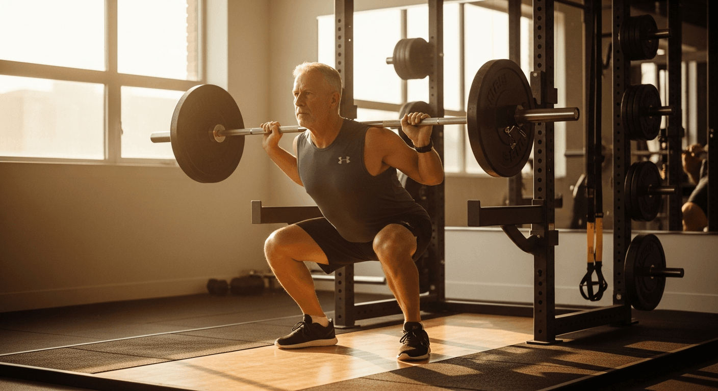 A man in his 60s performs a barbell back squat in a warmly lit gym with golden natural light.