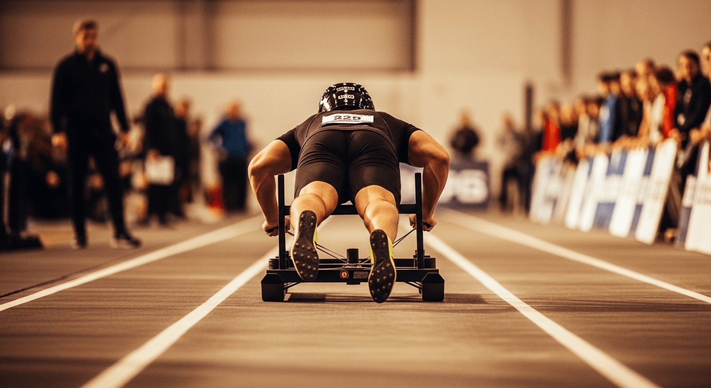 Male athlete powerfully driving a competition sled across gym flooring.