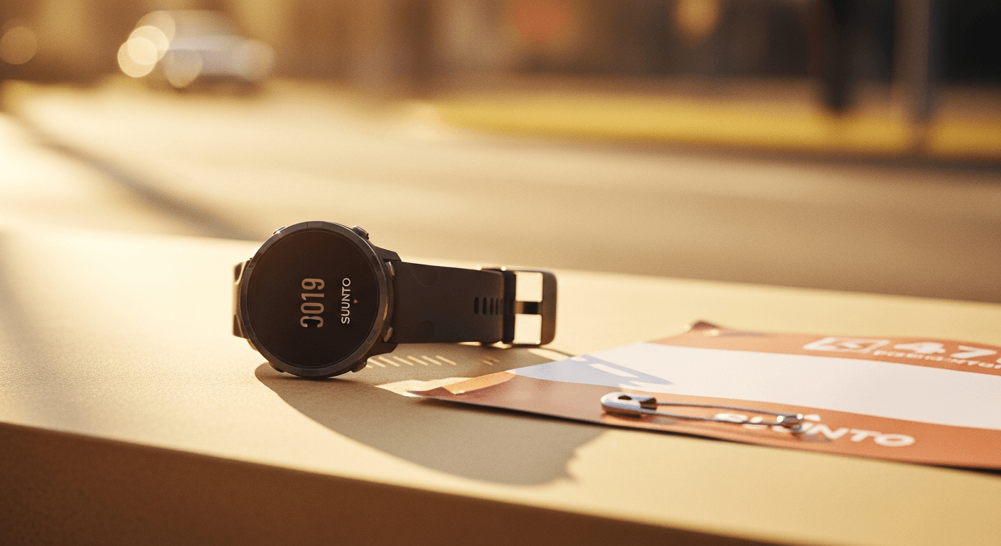 Suunto GPS running watch and race bib on warm cream surface in golden natural light.