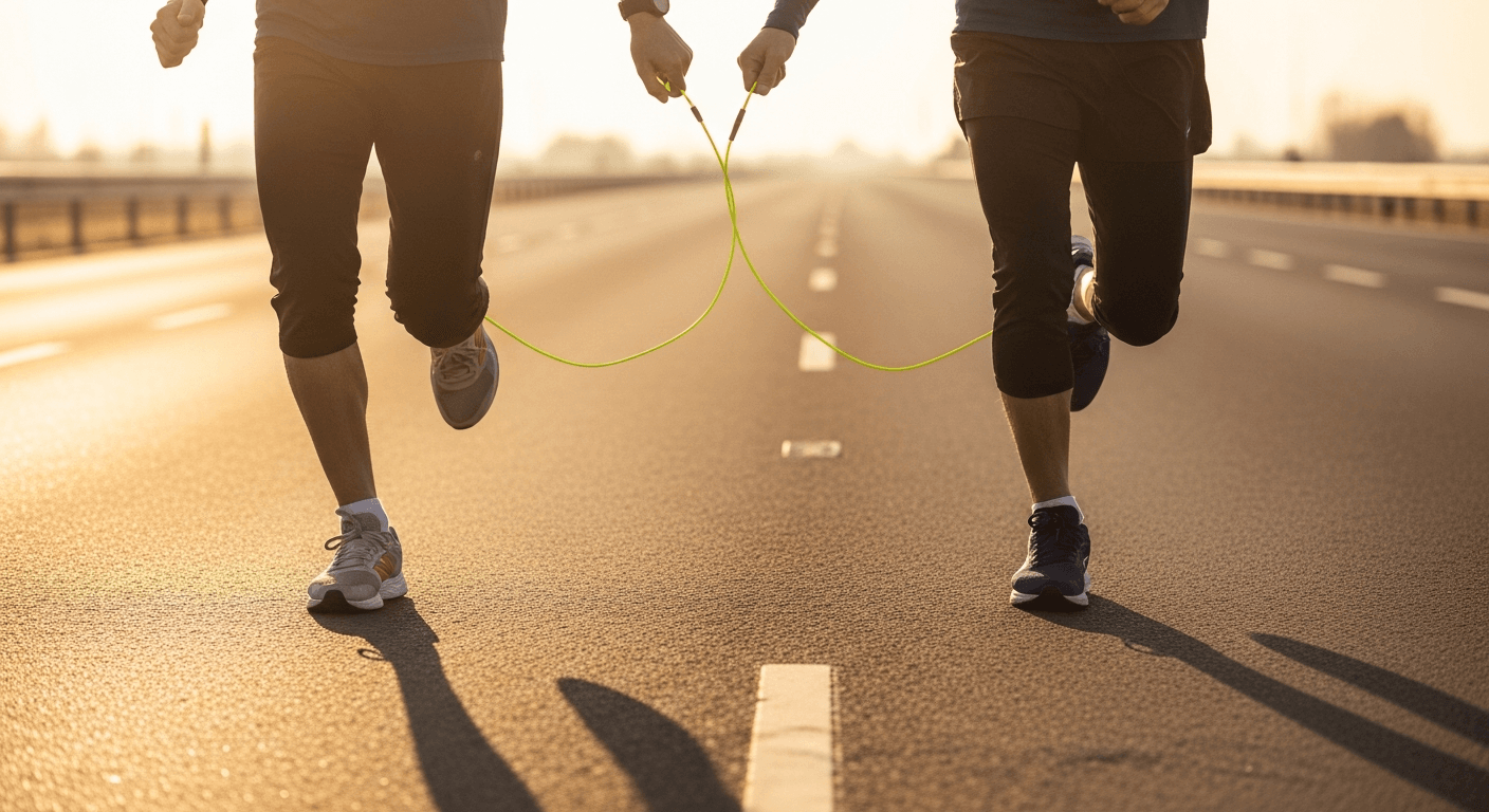Two runners connected by a yellow tether cord run side by side at dawn on an open road.