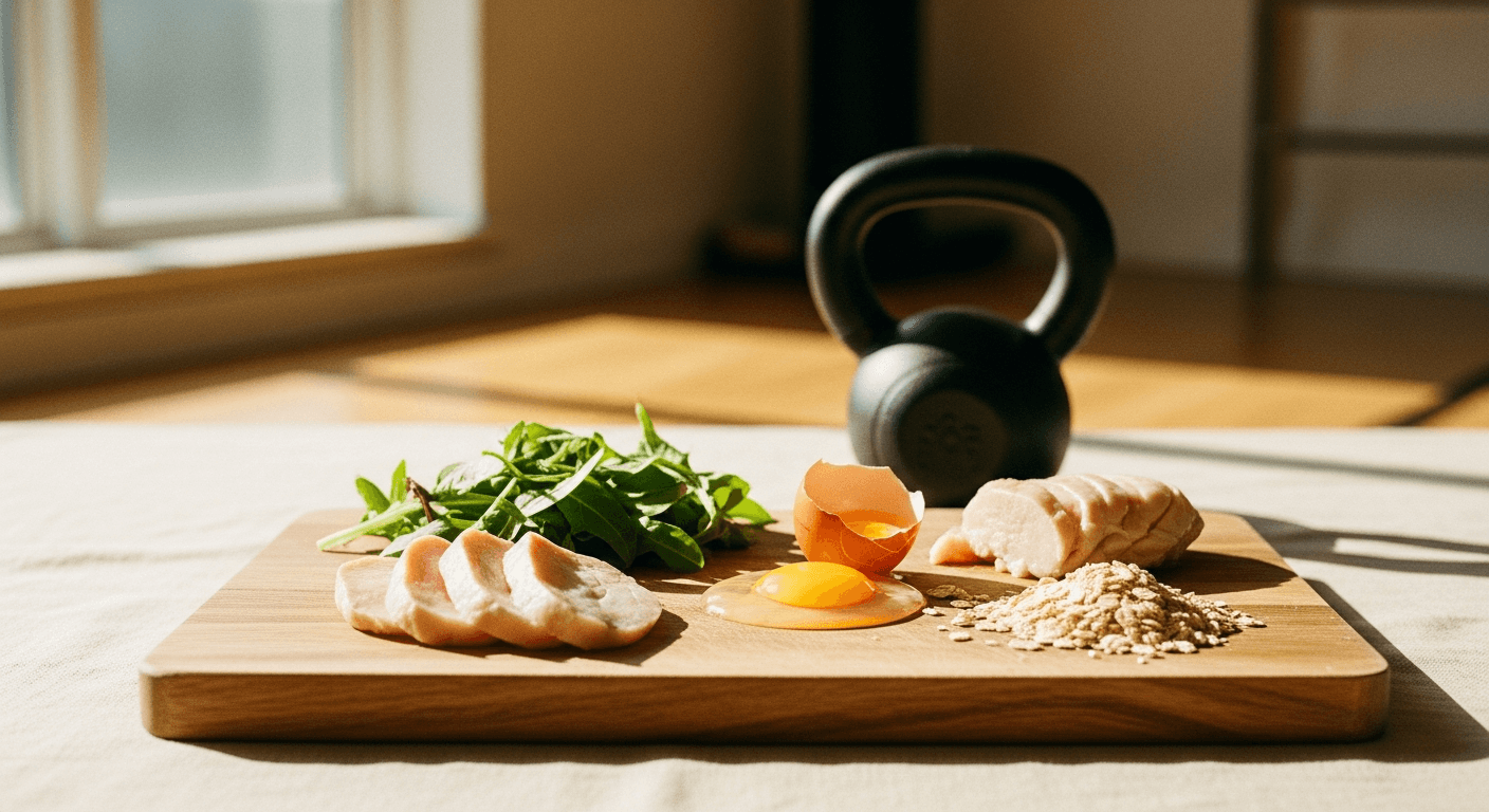 Wooden cutting board with chicken, egg, oats, and greens beside a kettlebell on a gym floor.