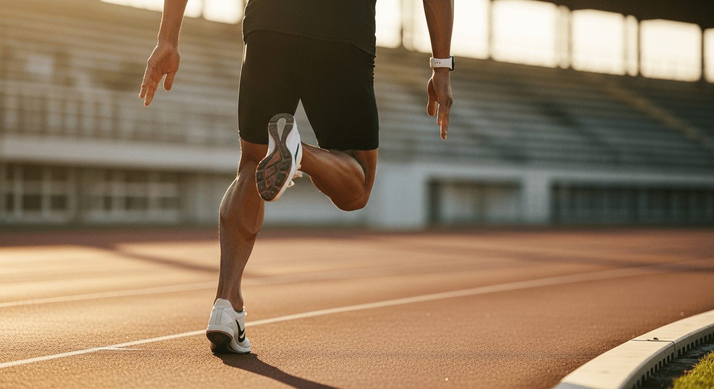 Lean athlete sprinting at full speed on an outdoor track, captured in golden-hour light with explosive energy.