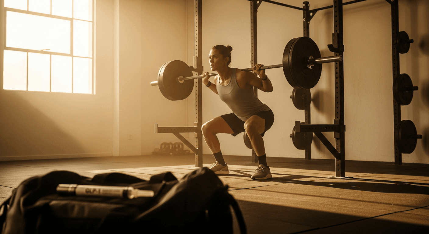 Athlete performing a barbell back squat with a GLP-1 injectable pen visible in the foreground.