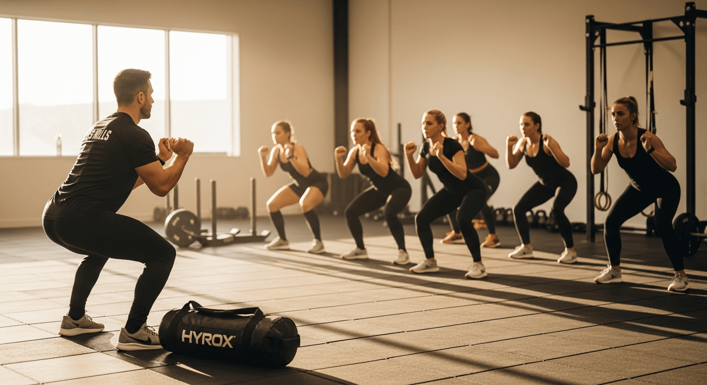 A Les Mills coach leads a functional fitness class with athletes performing synchronized squat-press movements together.