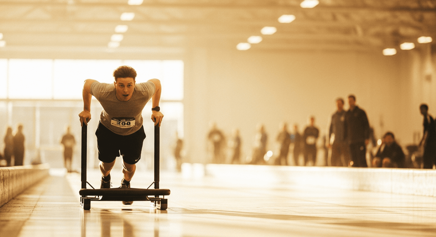 Beginner athlete pushing a heavy sled during an indoor HYROX competition race.