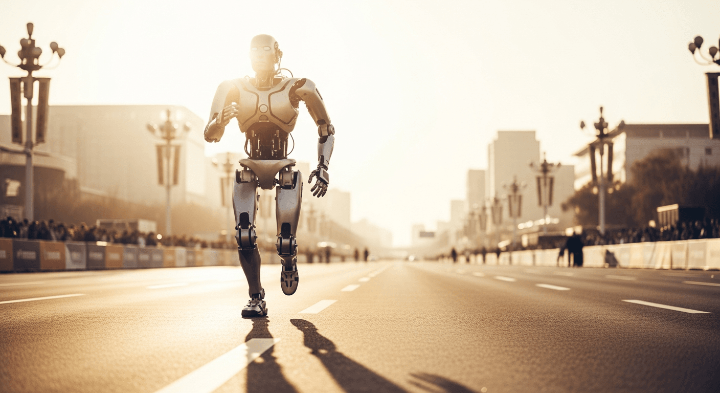 A metallic humanoid robot runs mid-stride on a Beijing race course in golden-hour light.