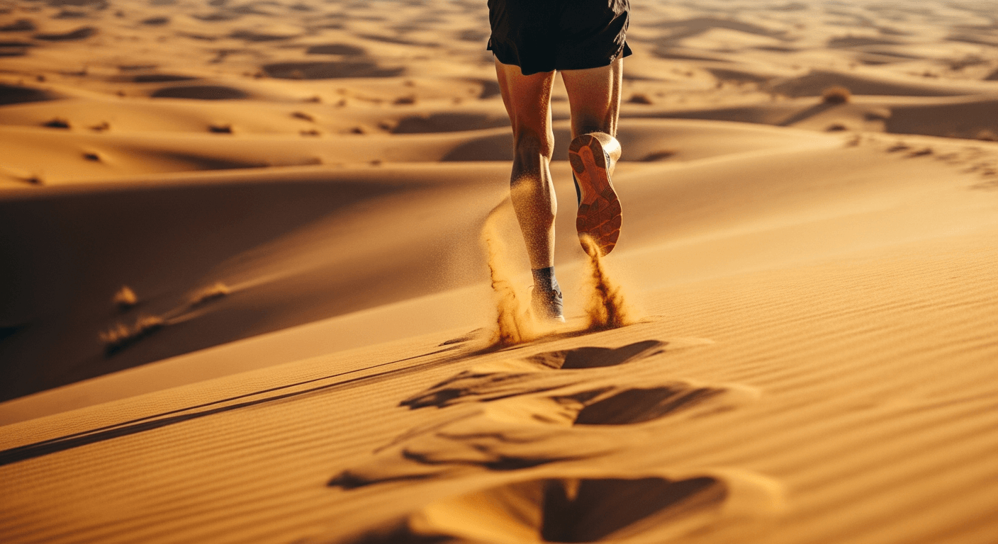 Ultrarunner's legs mid-stride kicking up sand on a golden Saharan dune at golden hour.
