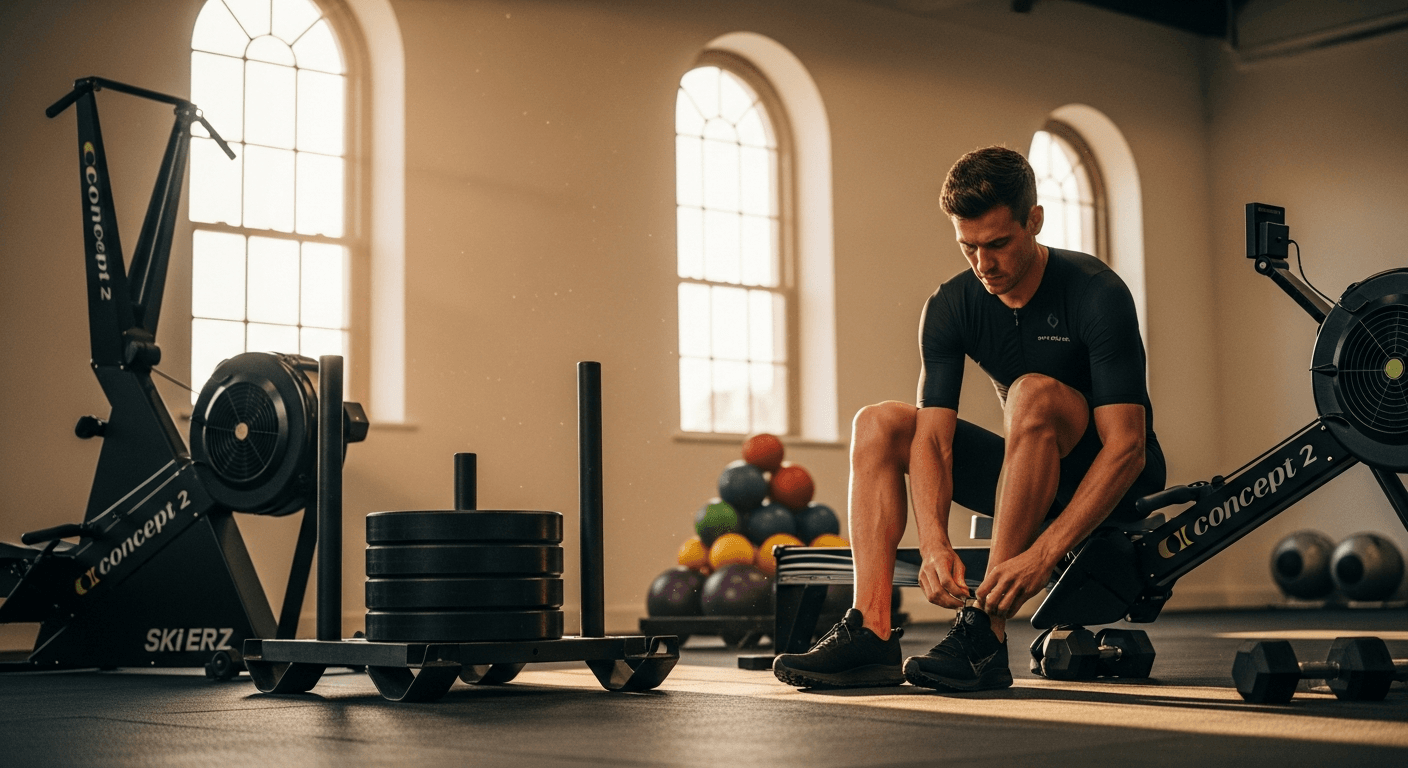 Male triathlete preparing for HYROX training with sled and SkiErg equipment visible