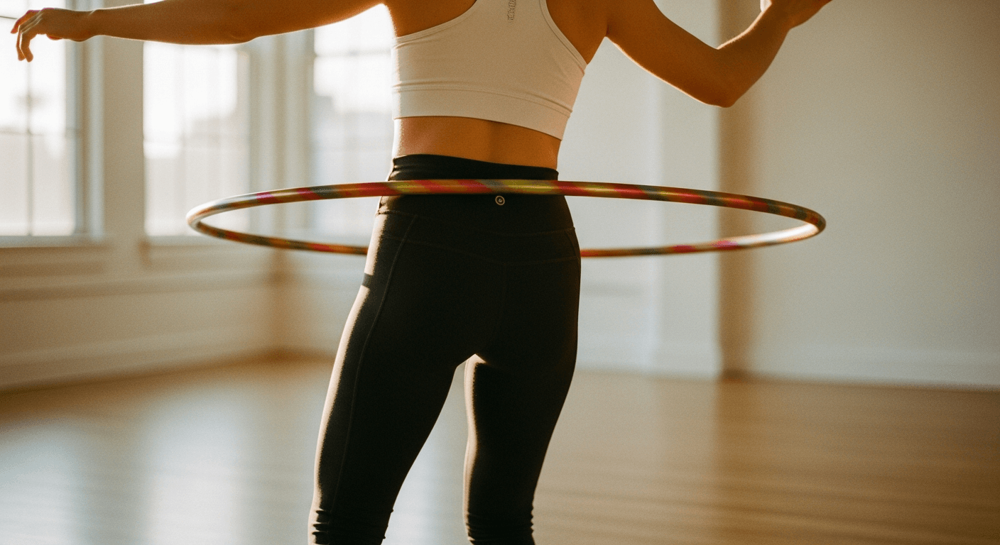 Woman spinning a bright colored hula hoop around her waist in a sunlit indoor space.