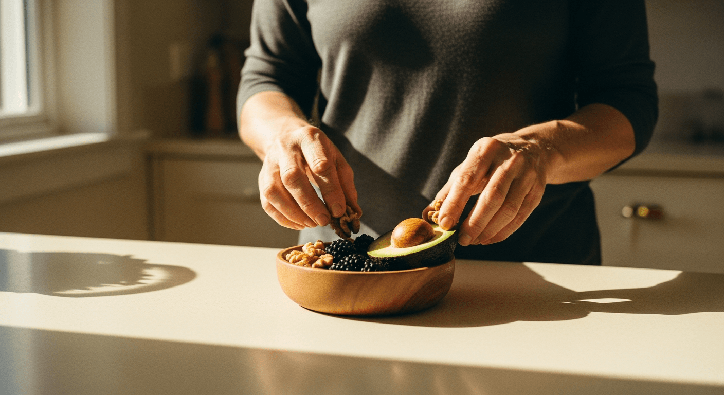 Mature hands arranging healthy whole foods in a wooden bowl on a kitchen countertop in natural morning light.