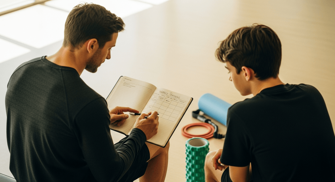 A coach and client review a weekly training plan together on an open notebook in a gym.