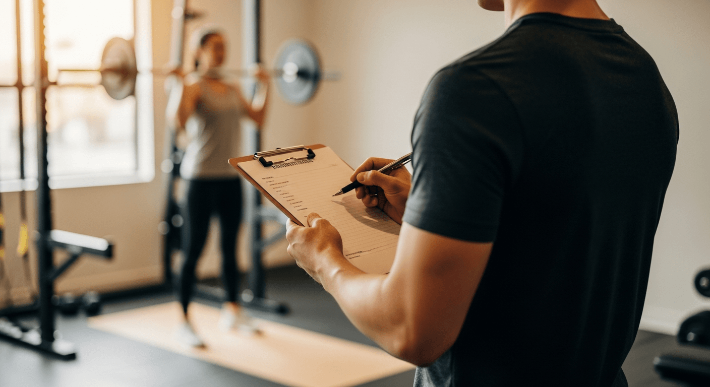 A personal trainer checks a clipboard while appearing distracted as a client trains with a barbell in the background.