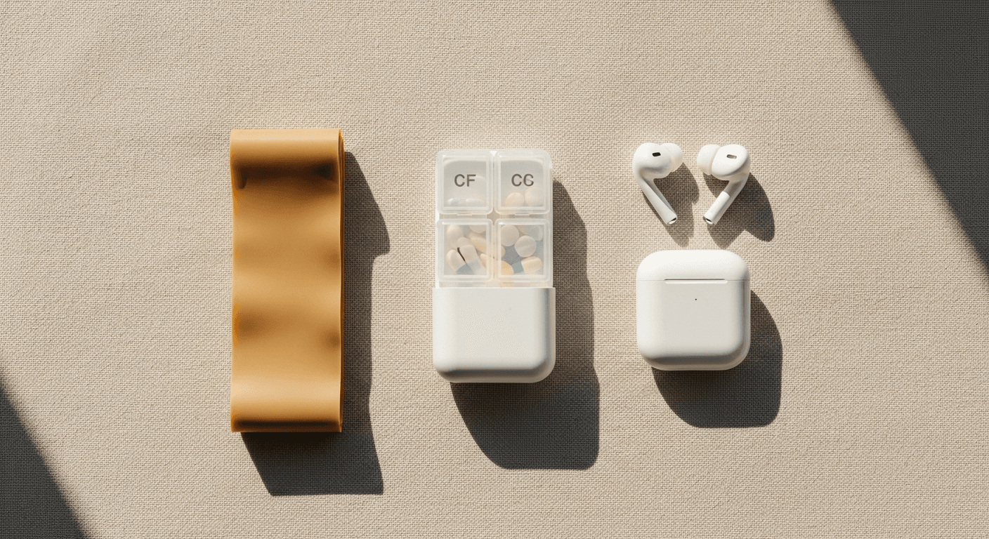 White pill organizer, folded resistance band, and wireless earbuds arranged on cream linen.
