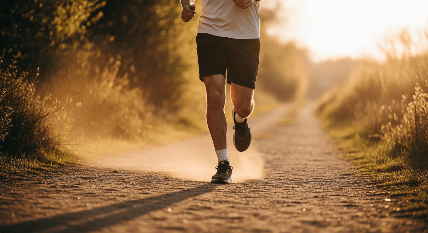 A runner mid-stride on a sunlit dirt trail, captured from low angle showing focused effort and exertion.