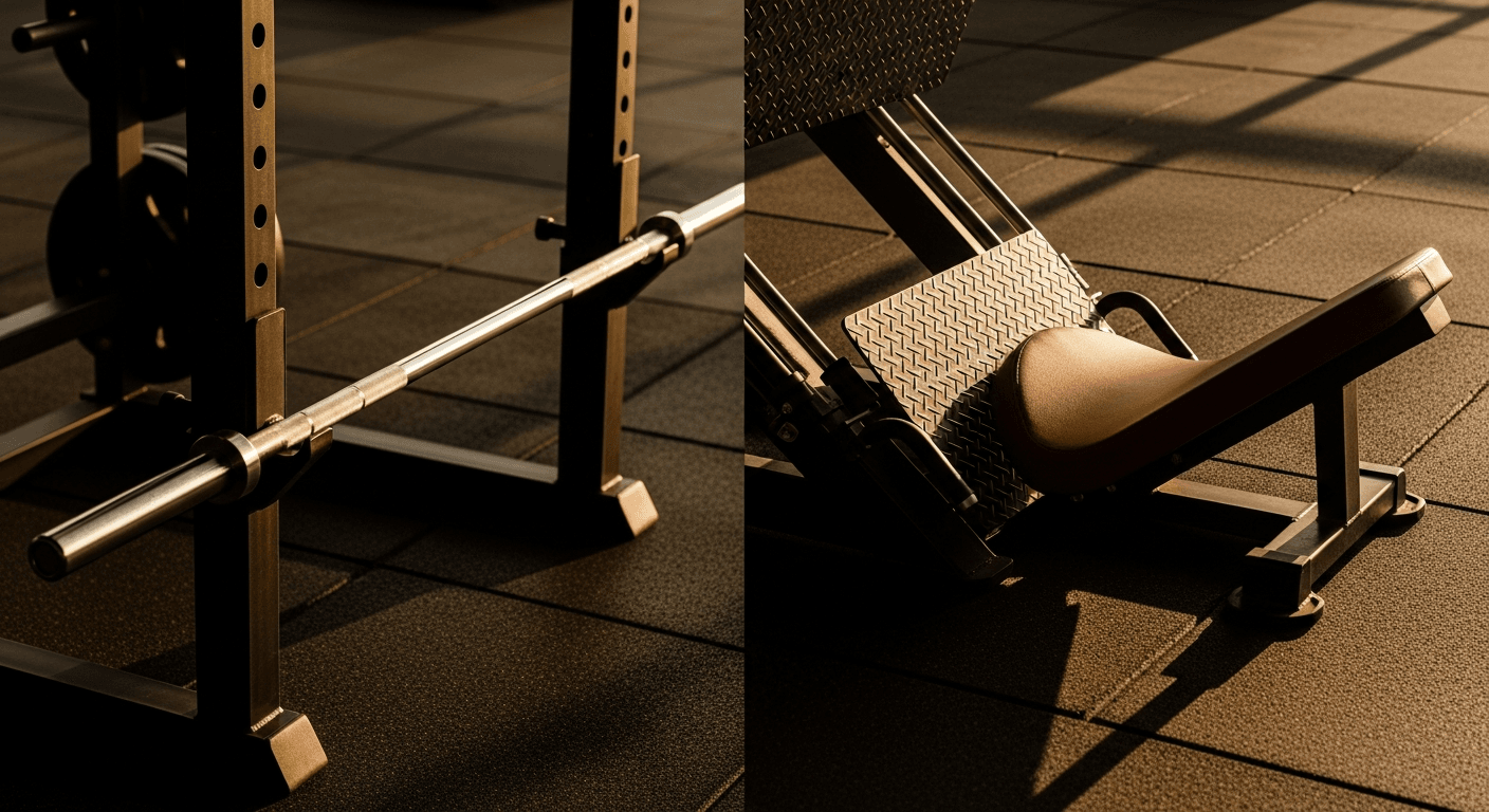 Split-frame gym equipment: squat rack barbell on left, leg press machine on right, warm golden light.