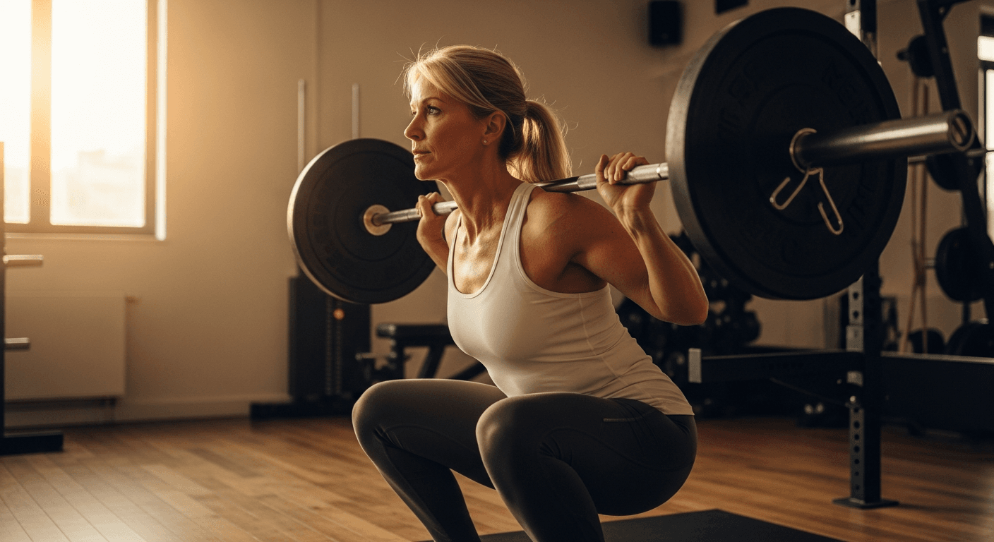 Woman in her mid-50s performing a confident barbell back squat in a sunlit gym with strong posture.