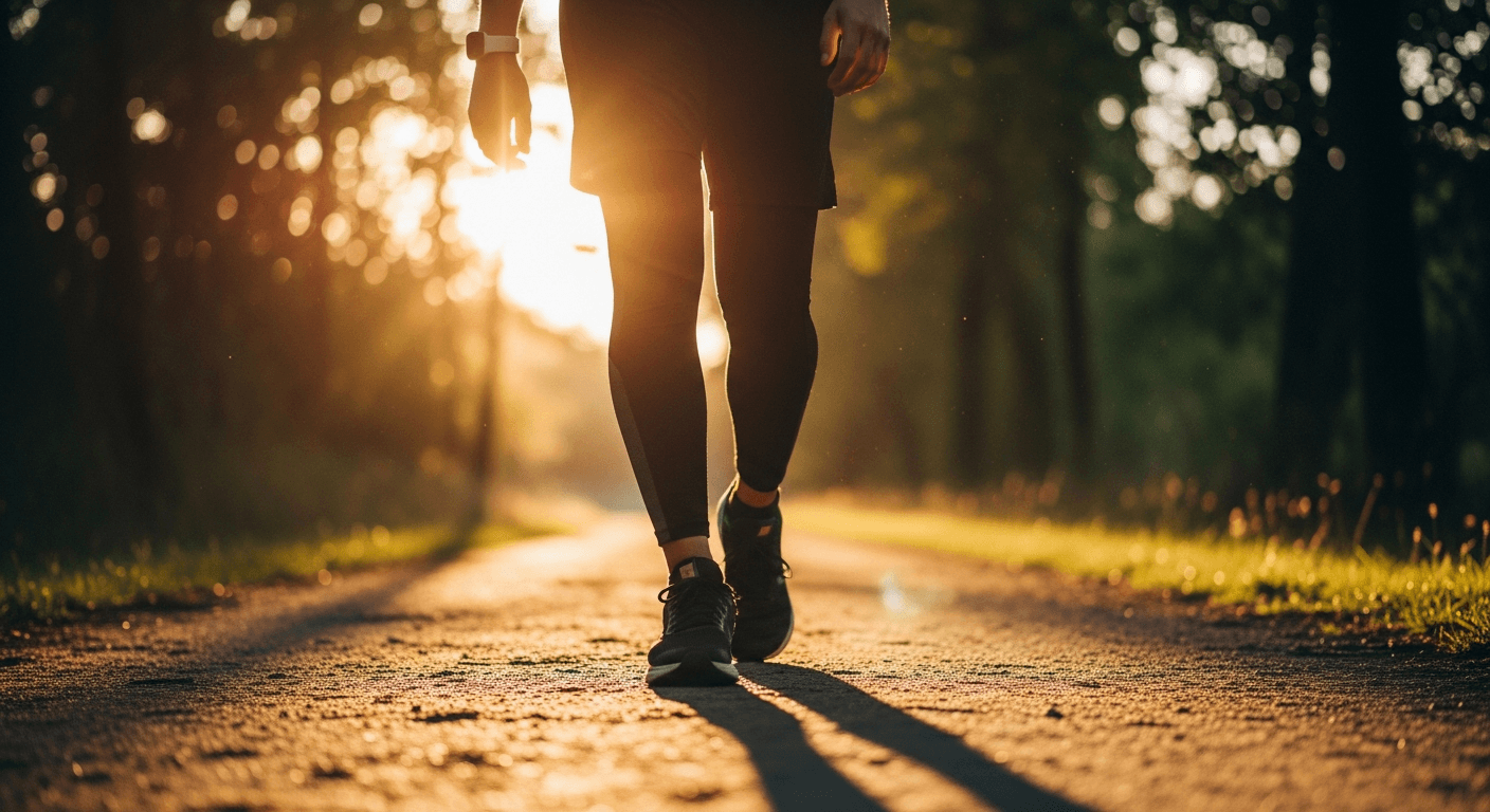 Person walking purposefully on a sun-dappled outdoor path wearing a fitness tracker on their wrist.