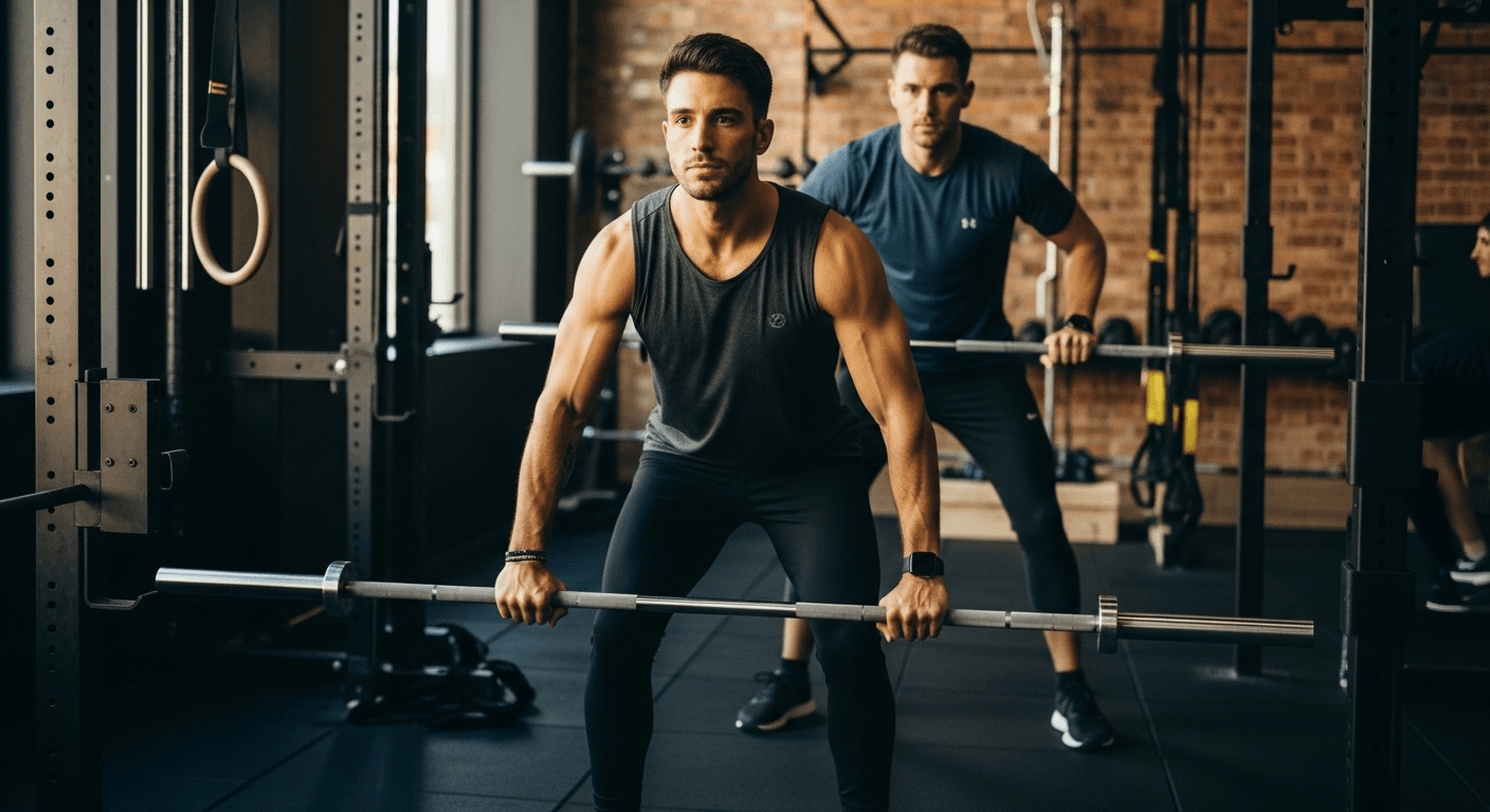 Two athletes perform HYROX race-prep movements on a ski erg and wall ball in a premium fitness gym.
