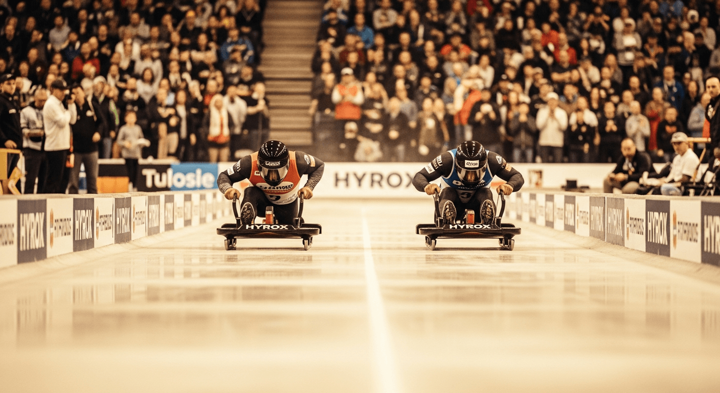 Two athletes race HYROX competition sleds across a polished floor with spectators blurred in the background.